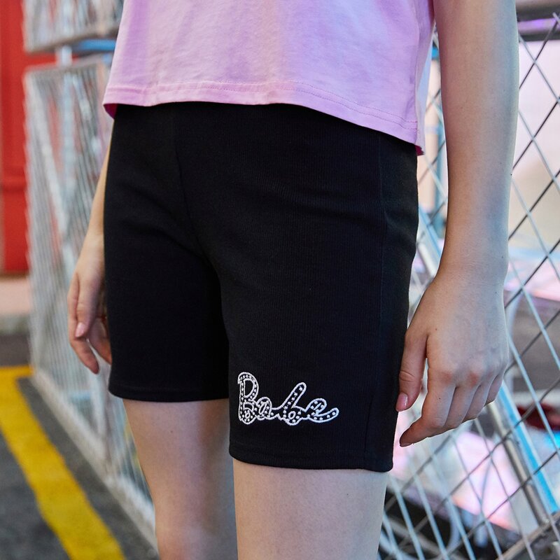 

Letter Embroidery Ribbed Shorts, Black