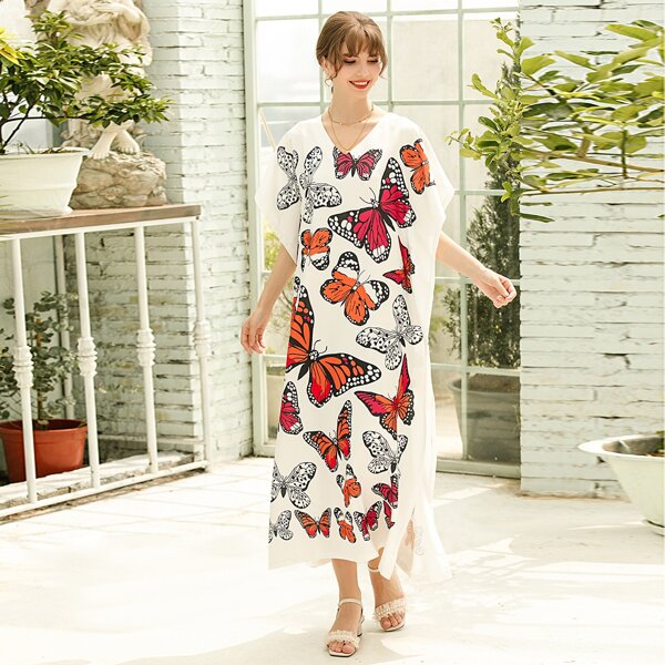 

V-neck Butterfly Print Split Hem Kaftan, Multicolor