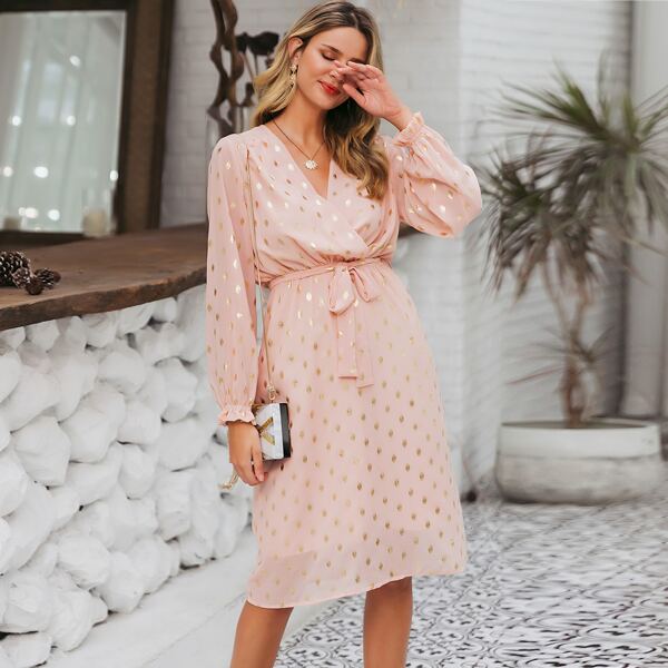 

Gold Print Flounce Sleeve Belted Wrap Dress, Pink