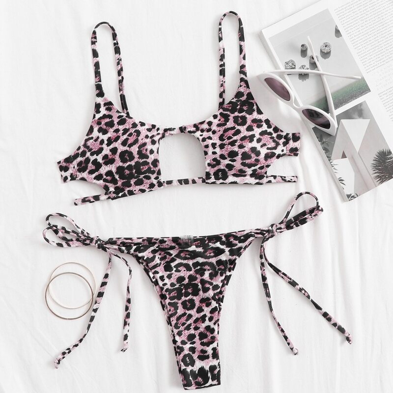 

Leopard Cut-out Tie Side Bikini Swimsuit, Multicolor