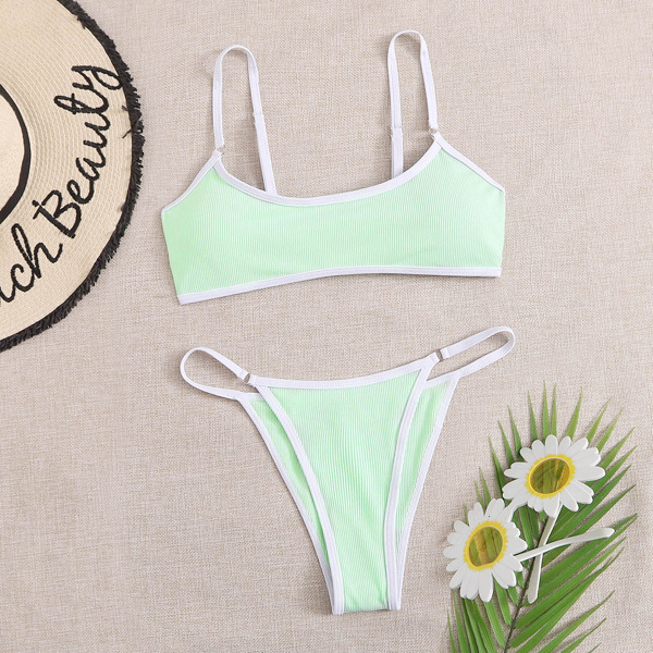 

Rib Contrast Binding Thong Bikini Swimsuit, Bright mint green