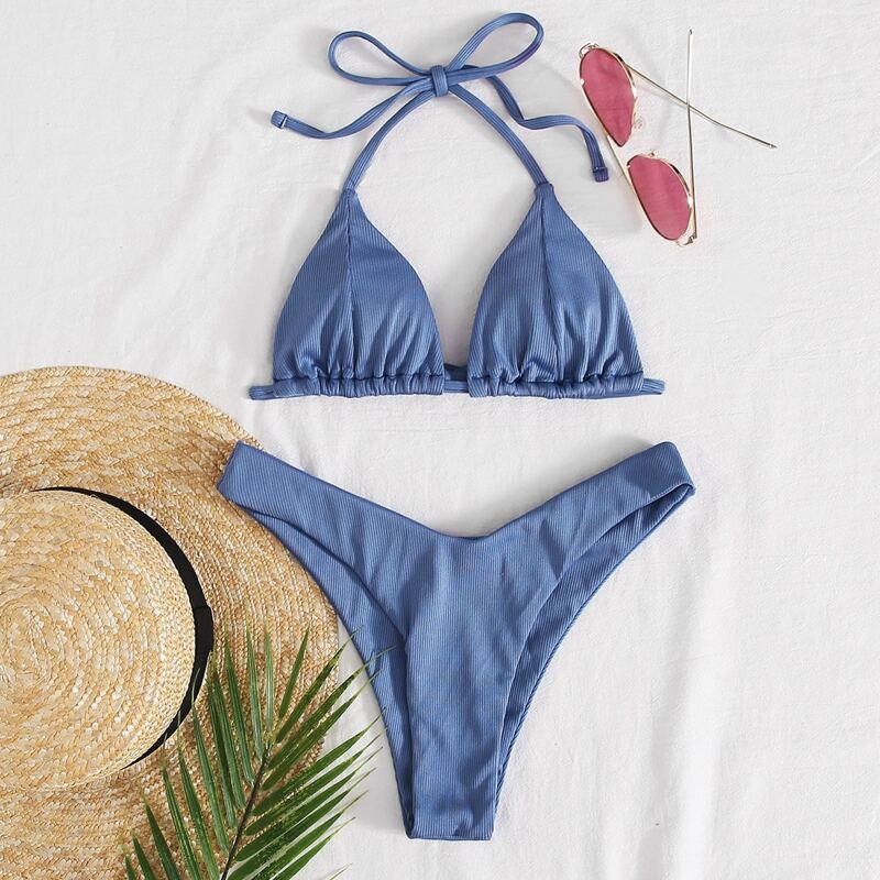 

Rib Triangle High Cut Bikini Swimsuit, Dusty blue