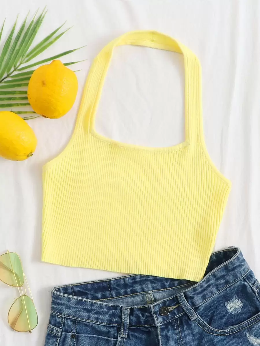 Muchica Ribbed Cropped Halter Top - Yellow - View 1