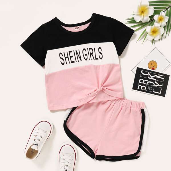 

Toddler Girls Letter Graphic Colorblock Tee With Track Shorts, Multicolor
