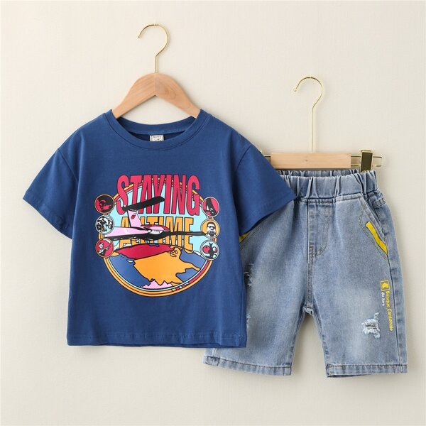 

Boys Letter Graphic Tee & Ripped Denim Shorts, Blue
