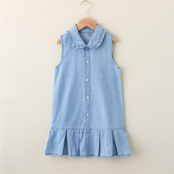 

Girls Ruffle Hem Denim Shirt Dress, Light wash