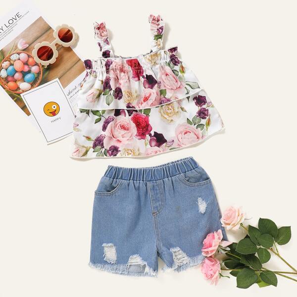 

Toddler Girls Floral Cami Top & Ripped Denim Shorts, Multicolor