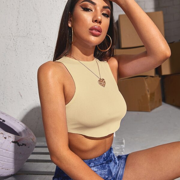 

Solid Rib-knit Crop Tank Top, Beige