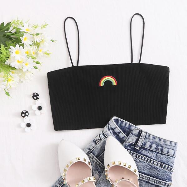 

Embroidery Rainbow Rib-knit Crop Cami Top, Black