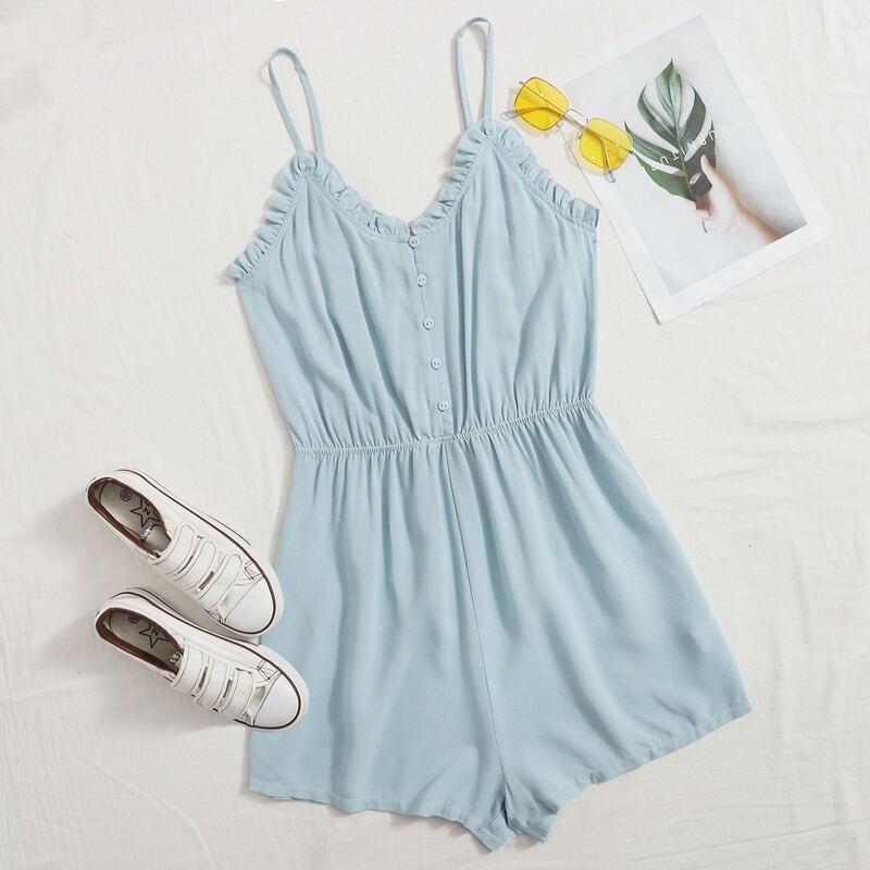 

Solid Frill Trim Cami Romper, Baby blue