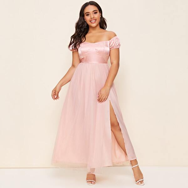 

Plus Off Shoulder Lace Up Back Split Thigh Mesh Overlay Dress, Baby pink
