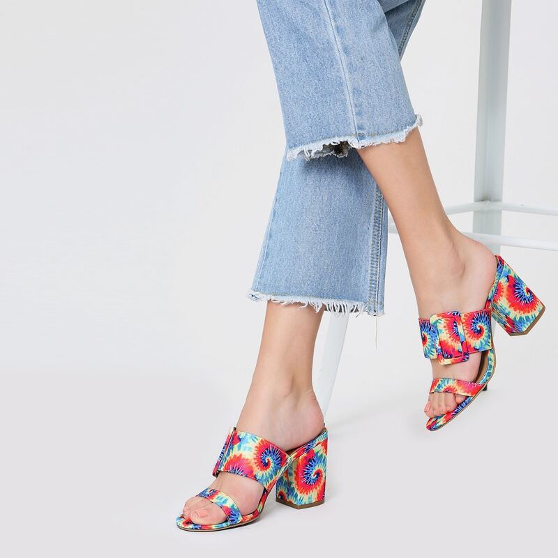 

Open Toe Tie Dye Twin Band Block Heel Sandals, Multicolor