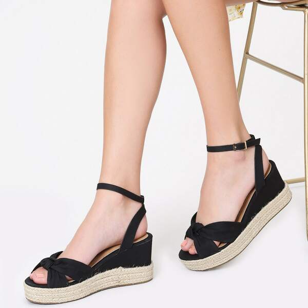 

Open Toe Bow Accent Ankle Strap Platform Wedges, Black