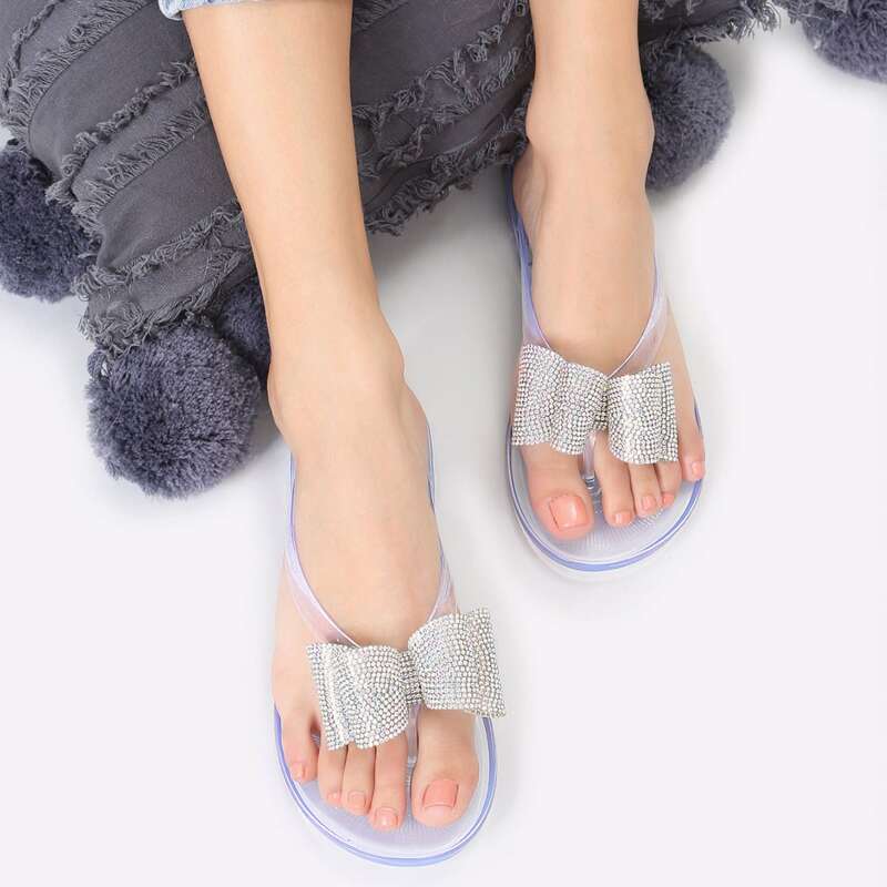 

Crystal Pave Bow Flat Jelly Y-Strap Sandals, Clear