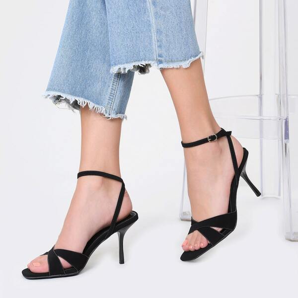 

Square Toe Ankle Strap Stiletto Heel Sandals, Black
