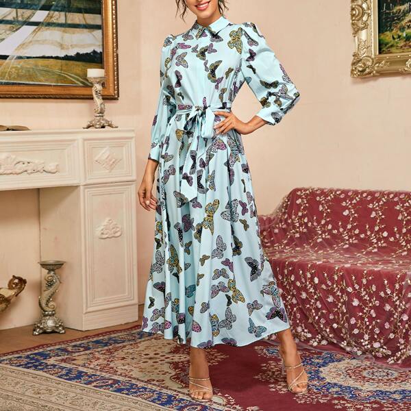 

Butterfly Print Lantern Sleeve Belted Dress, Mint blue