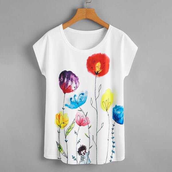 

Floral Print Batwing Sleeve Tee, White