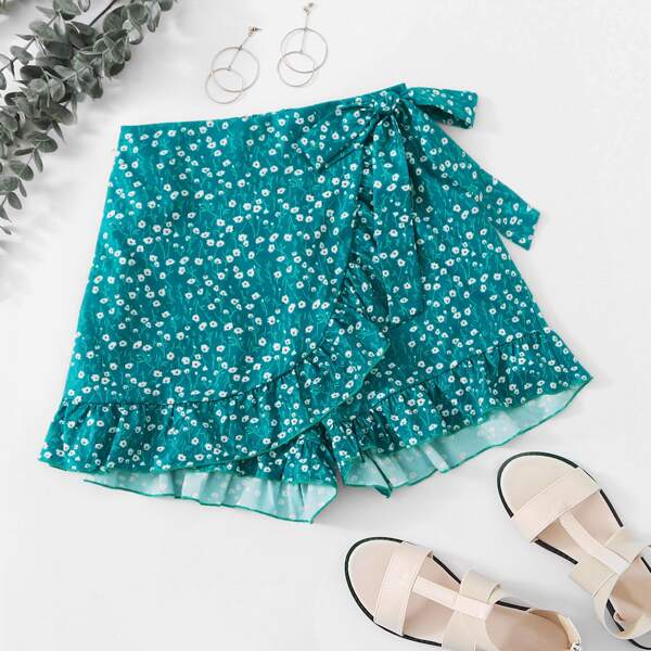 

Ditsy Floral Ruffle Tie Side Culotte Shorts, Cadet blue
