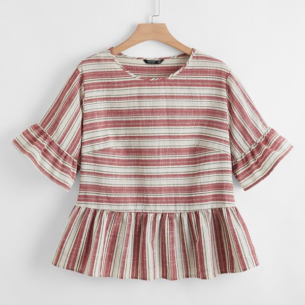 

Plus Button Detail Back Ruffle Cuff and Hem Striped Top, Red and white