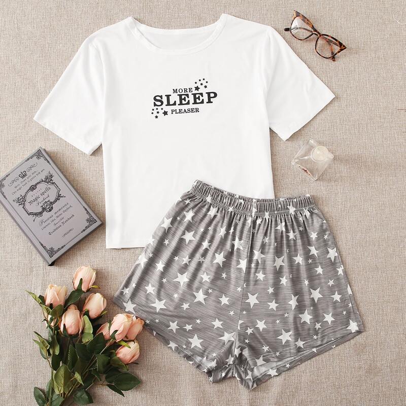 

Slogan Graphic Tee & Star Print Shorts PJ Set, Multicolor