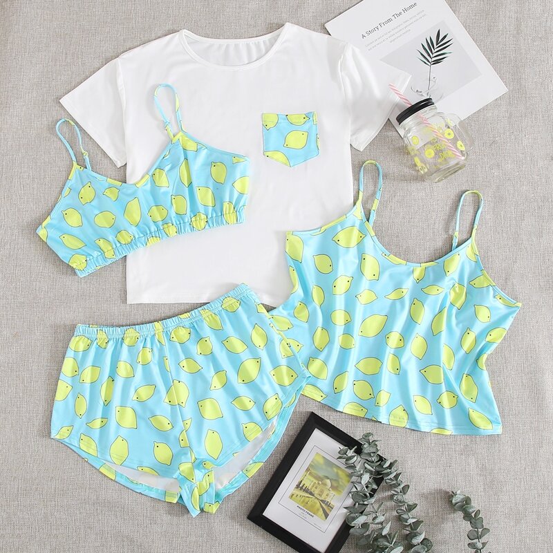 

4pcs Lemon Print Pajama Set, Multicolor