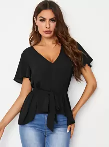 SHEIN Flutter Sleeve Dip Hem Self Belted Top - Black - View 1