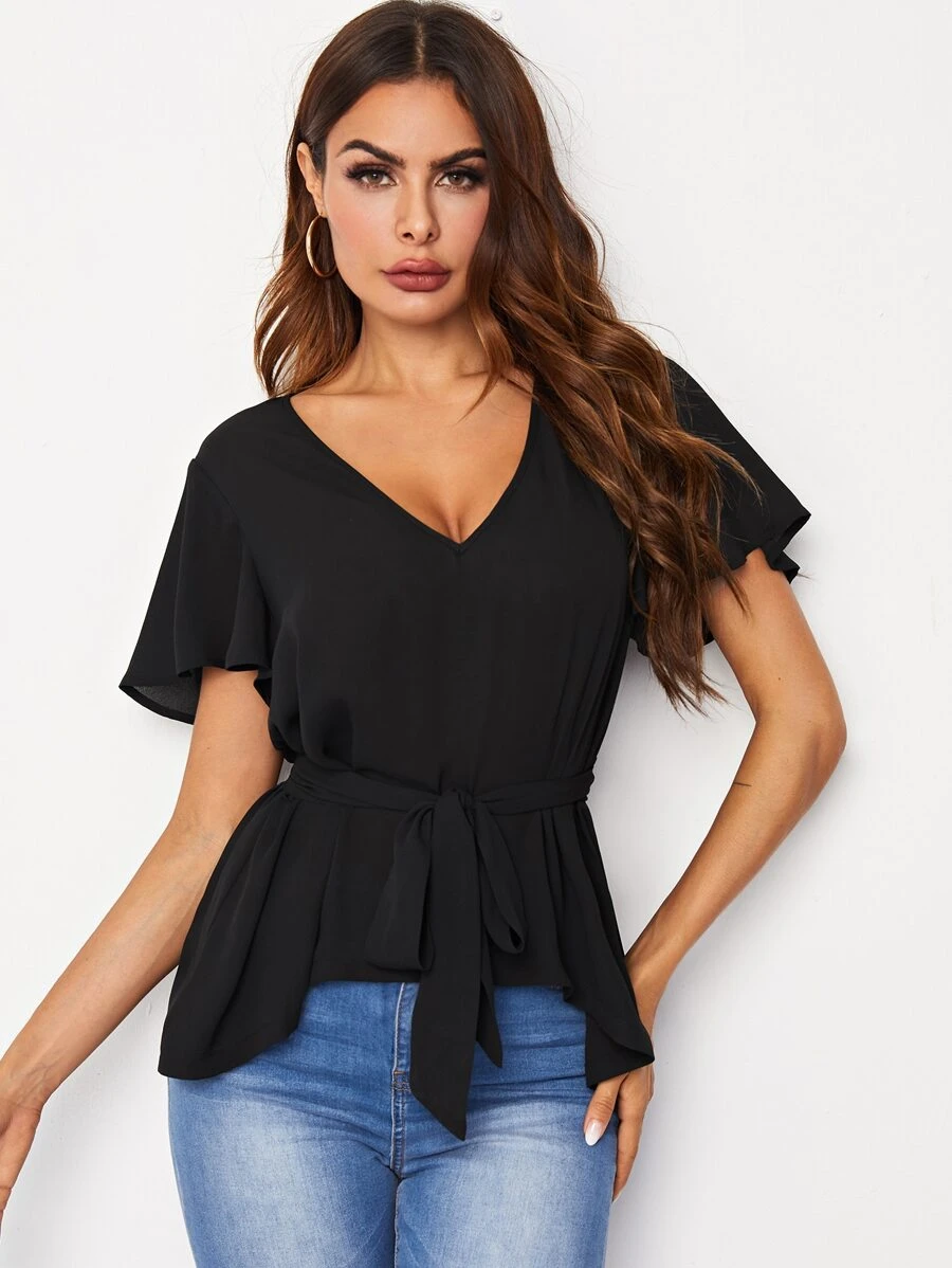 SHEIN Flutter Sleeve Dip Hem Self Belted Top - Black - View 1