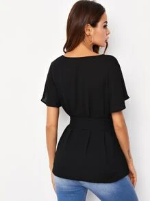SHEIN Flutter Sleeve Dip Hem Self Belted Top - Black - View 2