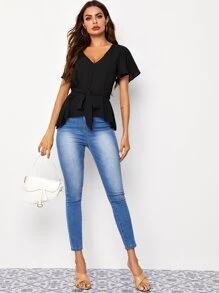 SHEIN Flutter Sleeve Dip Hem Self Belted Top - Black - View 5