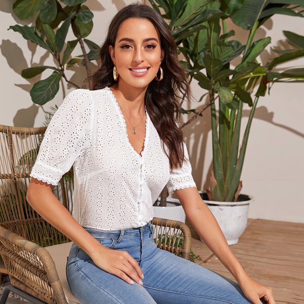 

Button Through Puff Sleeve Scallop Schiffy Blouse, White