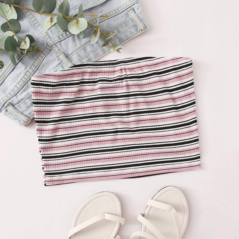 

Striped Rib-knit Tube Top, Multicolor