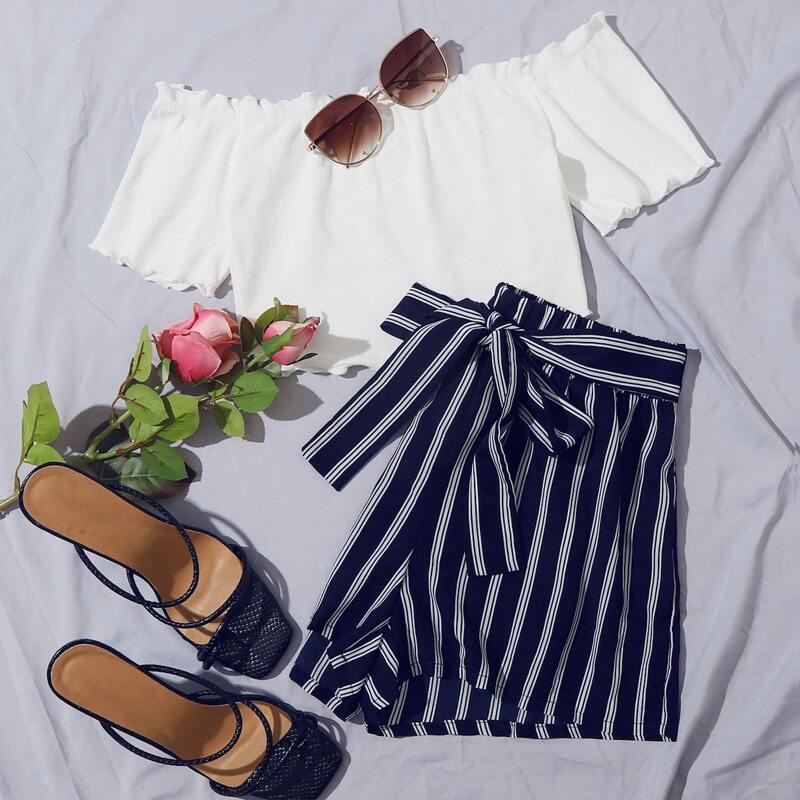 

Lettuce Edge Bardot Top and Self Belted Striped Shorts Set, Multicolor