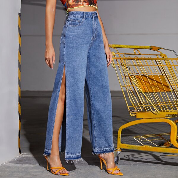 

High Waist Split Thigh Wide Leg Jeans, Medium wash