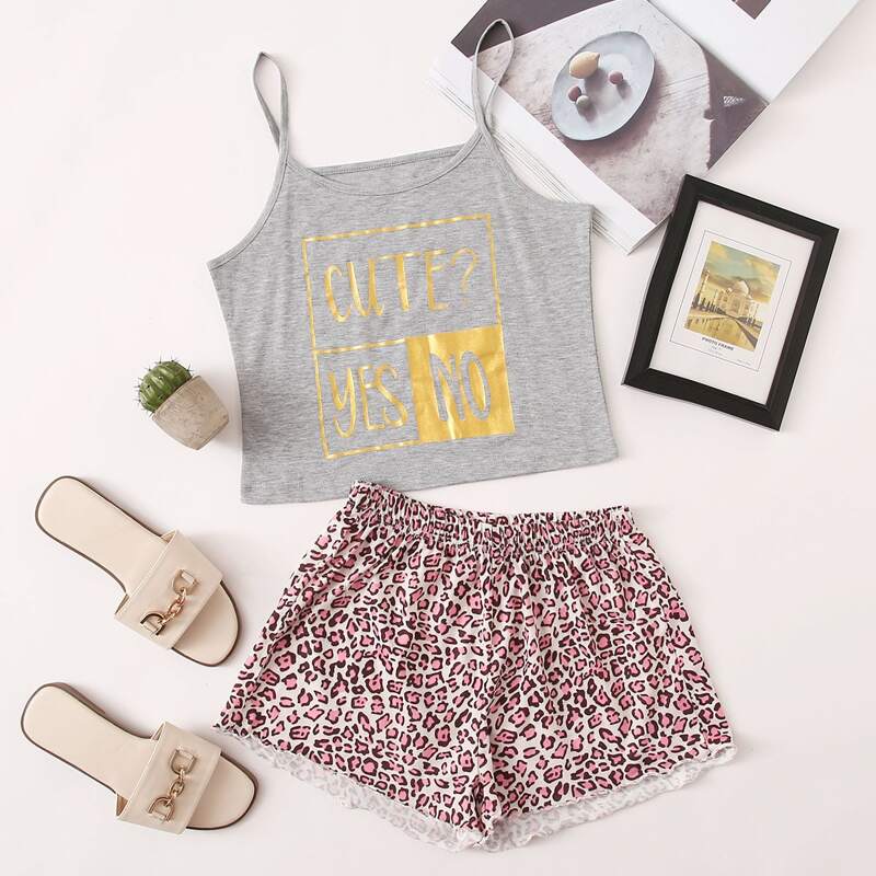 

Letter & Leopard Shorts PJ Set, Multicolor