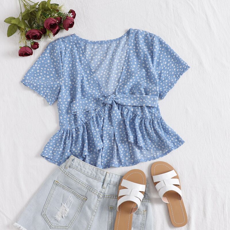 

Ditsy Floral Tie Front Peplum Top, Dusty blue