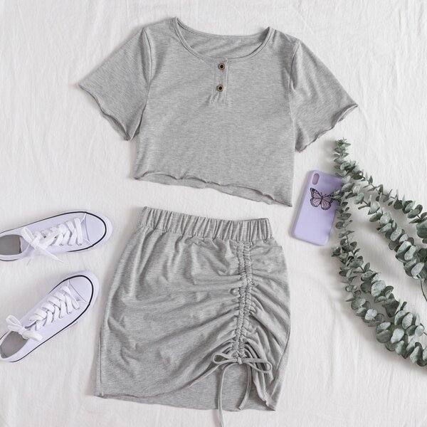 

Half Button Tee & Drawstring Skirt, Light grey