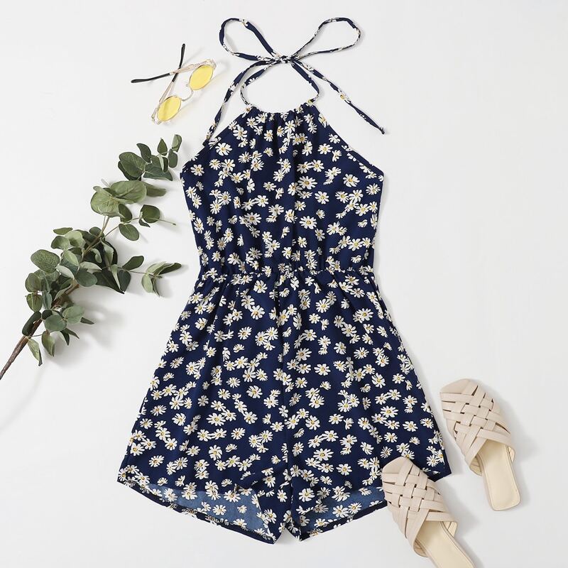 

Daisy Print Halter Romper, Multicolor