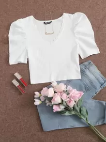 SHEIN Essnce Lace Trim Puff Sleeve Rib-knit Crop Tee - White - View 1