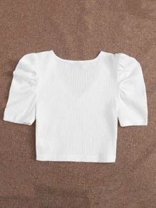 SHEIN Essnce Lace Trim Puff Sleeve Rib-knit Crop Tee - White - View 2