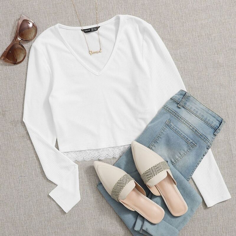 

V-neck Lace Hem Rib-knit Tee, White