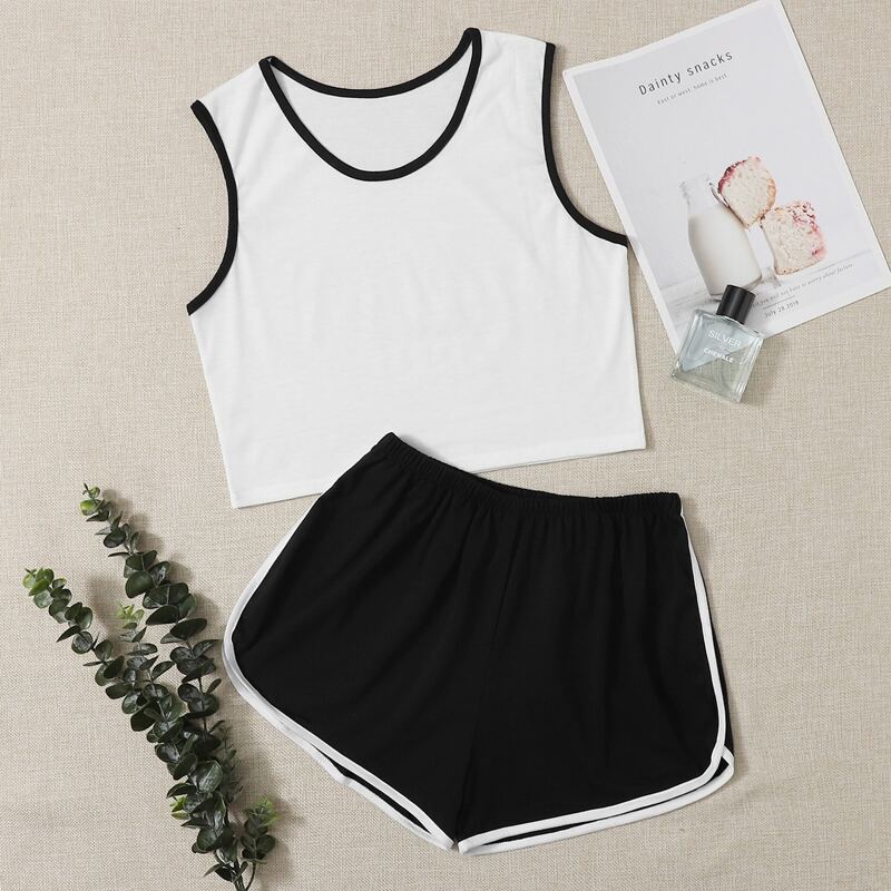 

Contrast Binding Shorts PJ Set, Black and white