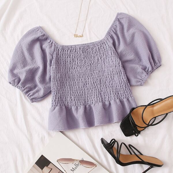 

Shirred Puff Sleeve Peplum Top, Lilac purple