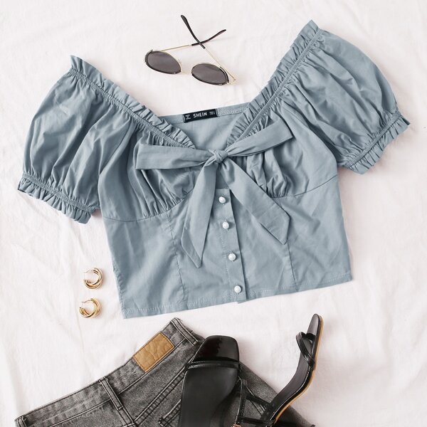 

Tie Front Frill Trim Top, Dusty blue