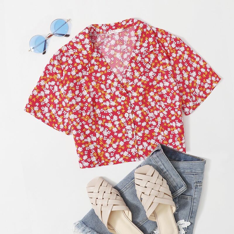 

Ditsy Floral Button Up Crop Shirt, Multicolor