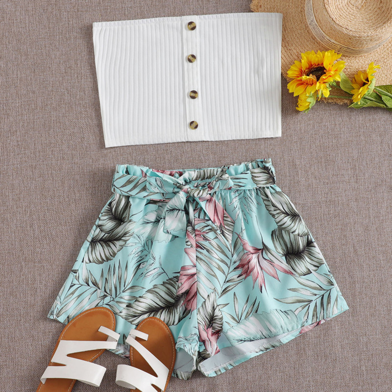 

Button Front Tube Top & Tropical Shorts, Multicolor