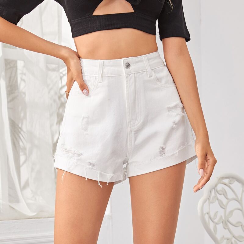 

Ripped Cuffed Hem Denim Shorts, White