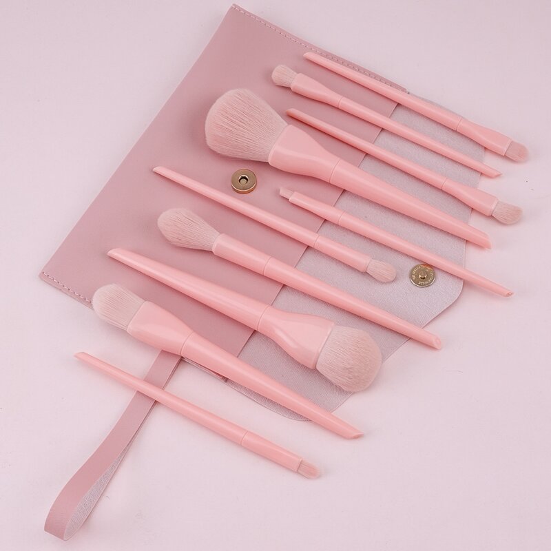 

10pcs Solid Soft Makeup Brush With 1pc Storage Pouch, Pink