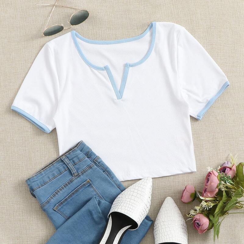 

Notch Neck Ringer Tee, White