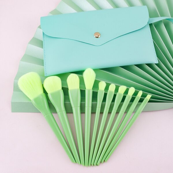 

10pcs Solid Soft Makeup Brush With 1pc Storage Pouch, Green