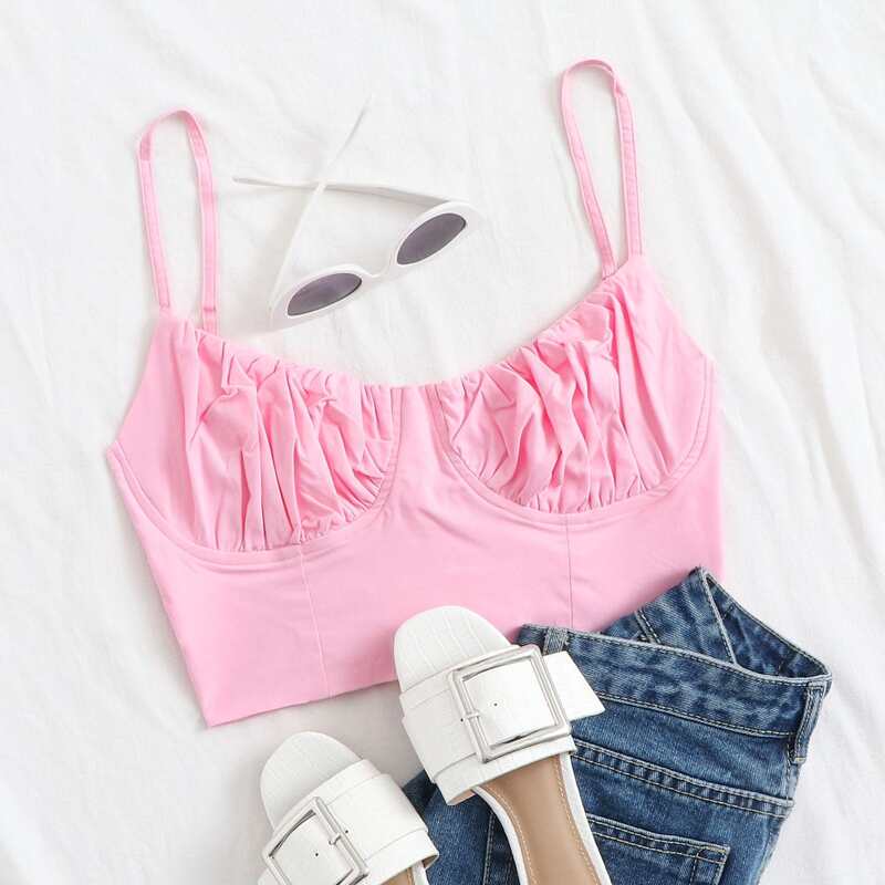 

Ruched Bust Lace Up Crop Cami, Baby pink